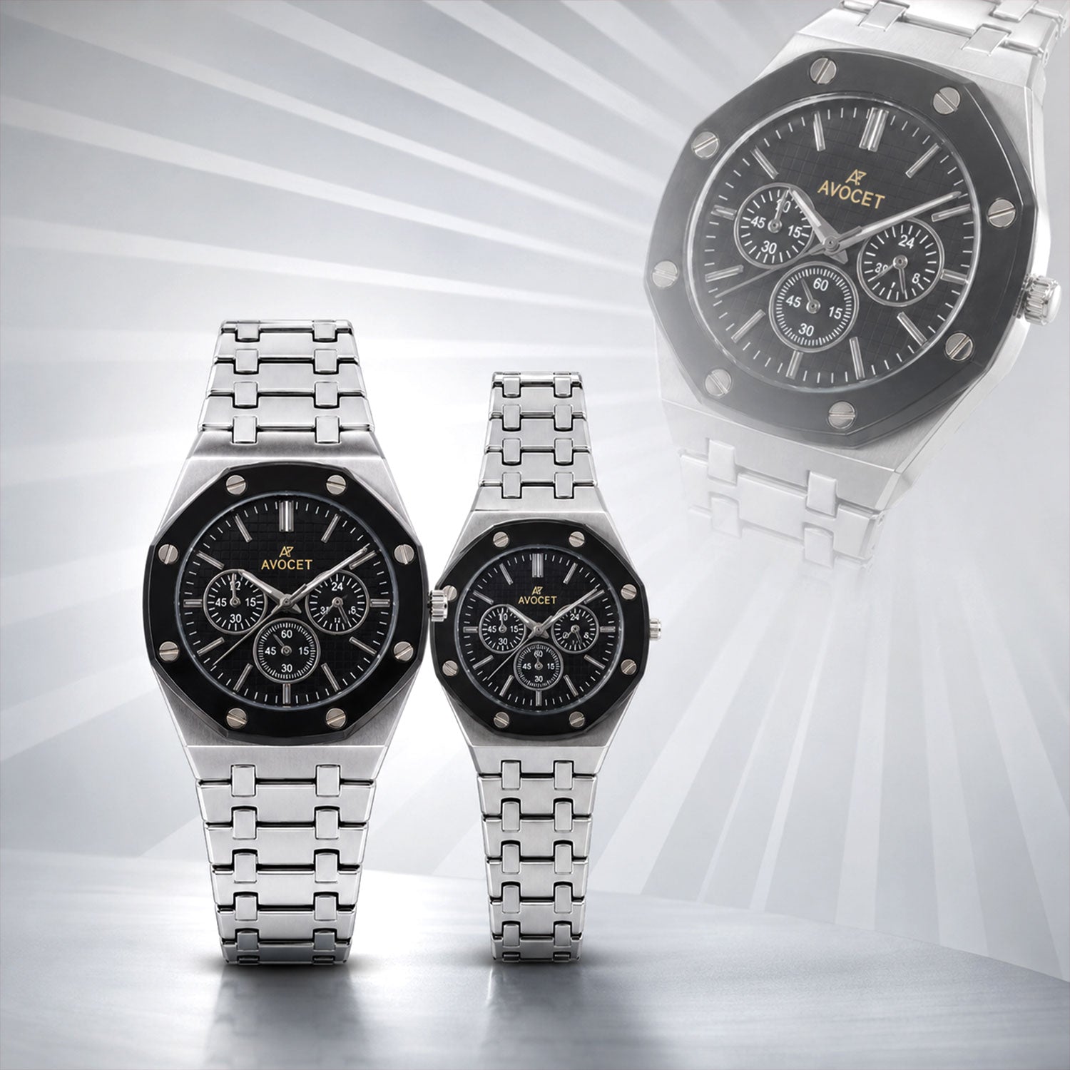 Silver Couple Watch Set with Black Dial Chronograph Style Metal Strap Design