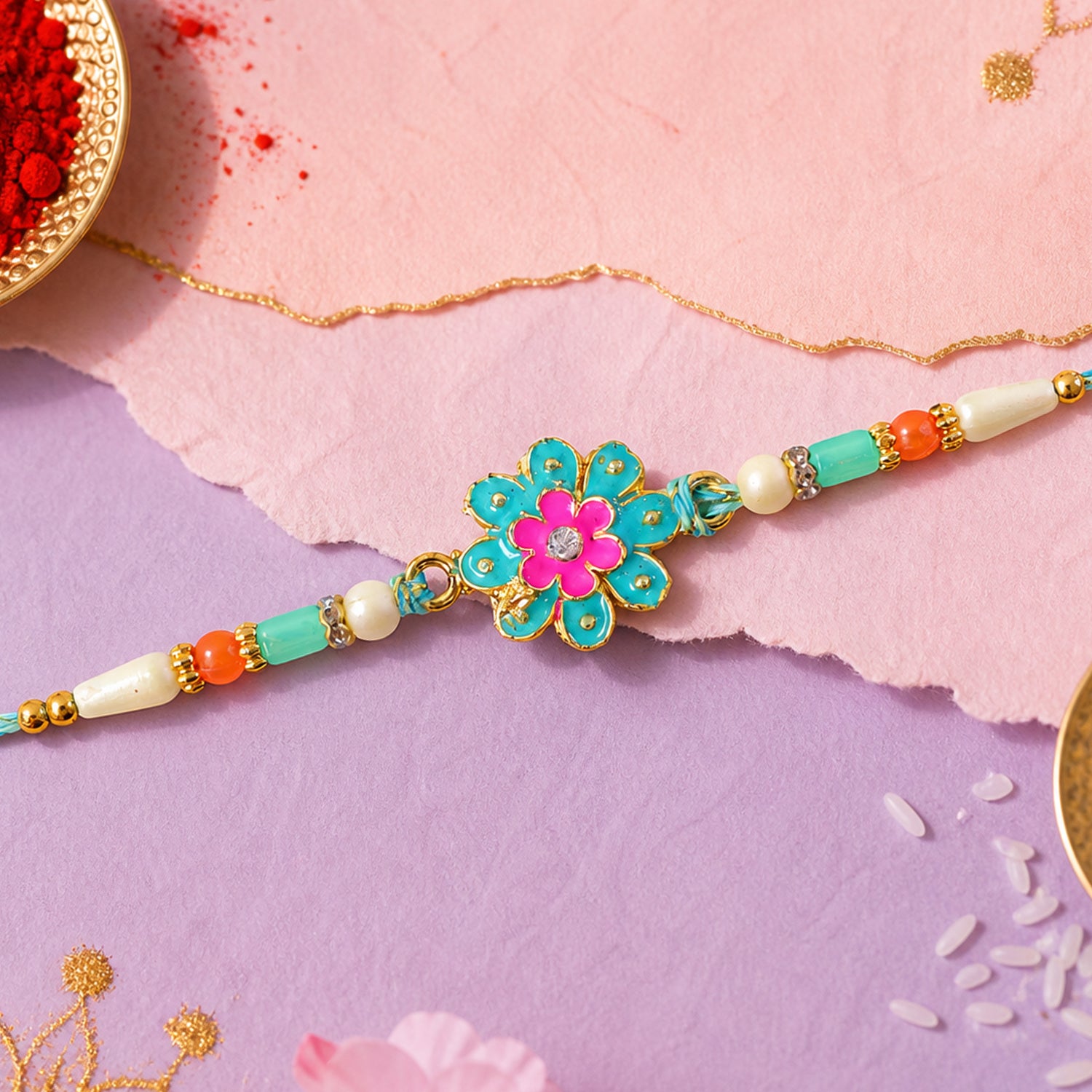Premium Rakhi with Floral Blossom Charm and crystal accents in bead line for Gift Use