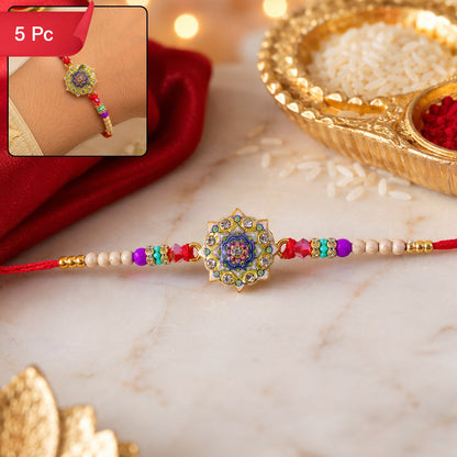 Rakhi for Brother Floral Mandala Enamel Gold Tone Design (5pcs)