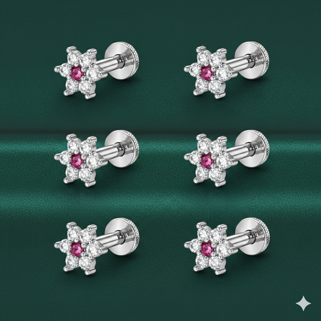 Close-up of silver plated pink floral nosepin stud showing pink center stone