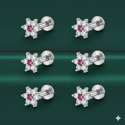 Close-up of silver plated pink floral nosepin stud showing pink center stone