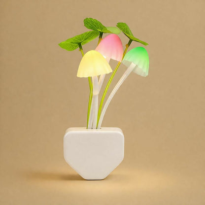 Mushroom night light illuminating dark room corner