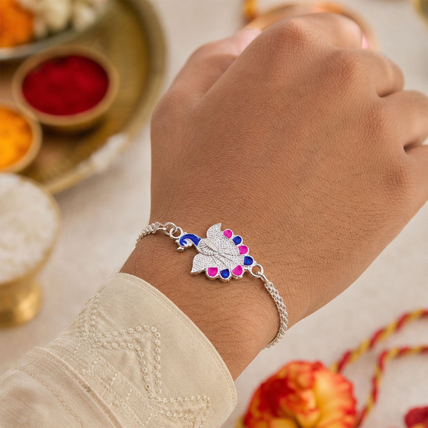 Peacock Stone Chain Rakhi Bracelet for Raksha Bandhan (5pcs)