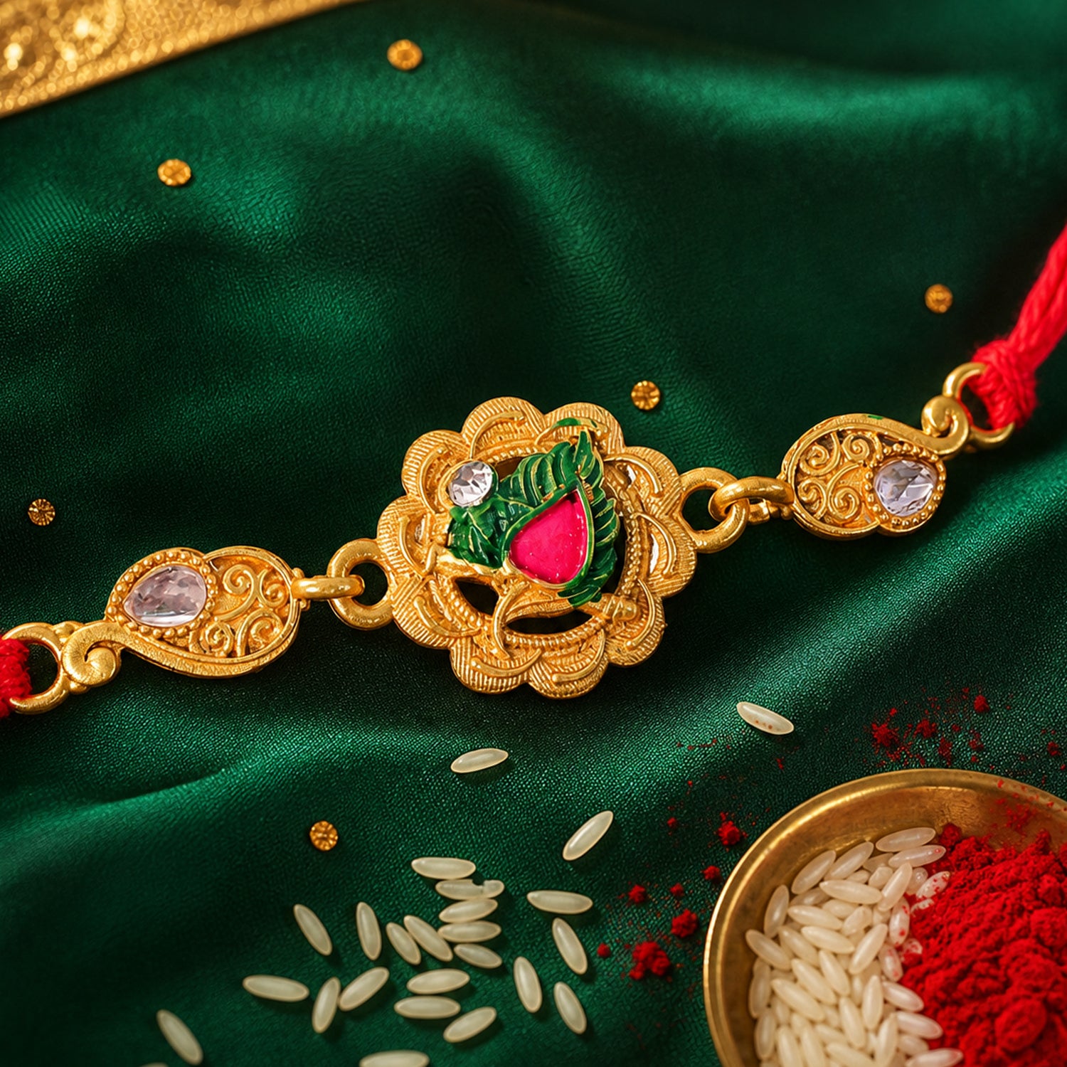 Classic Rakhi with Shri Plaque, ornate work and thread style for Festive Display