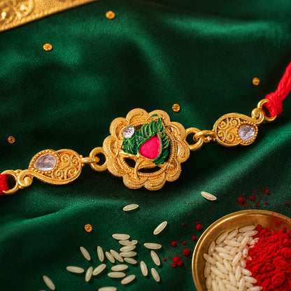 Classic Rakhi with Shri Plaque, ornate work and thread style for Festive Display