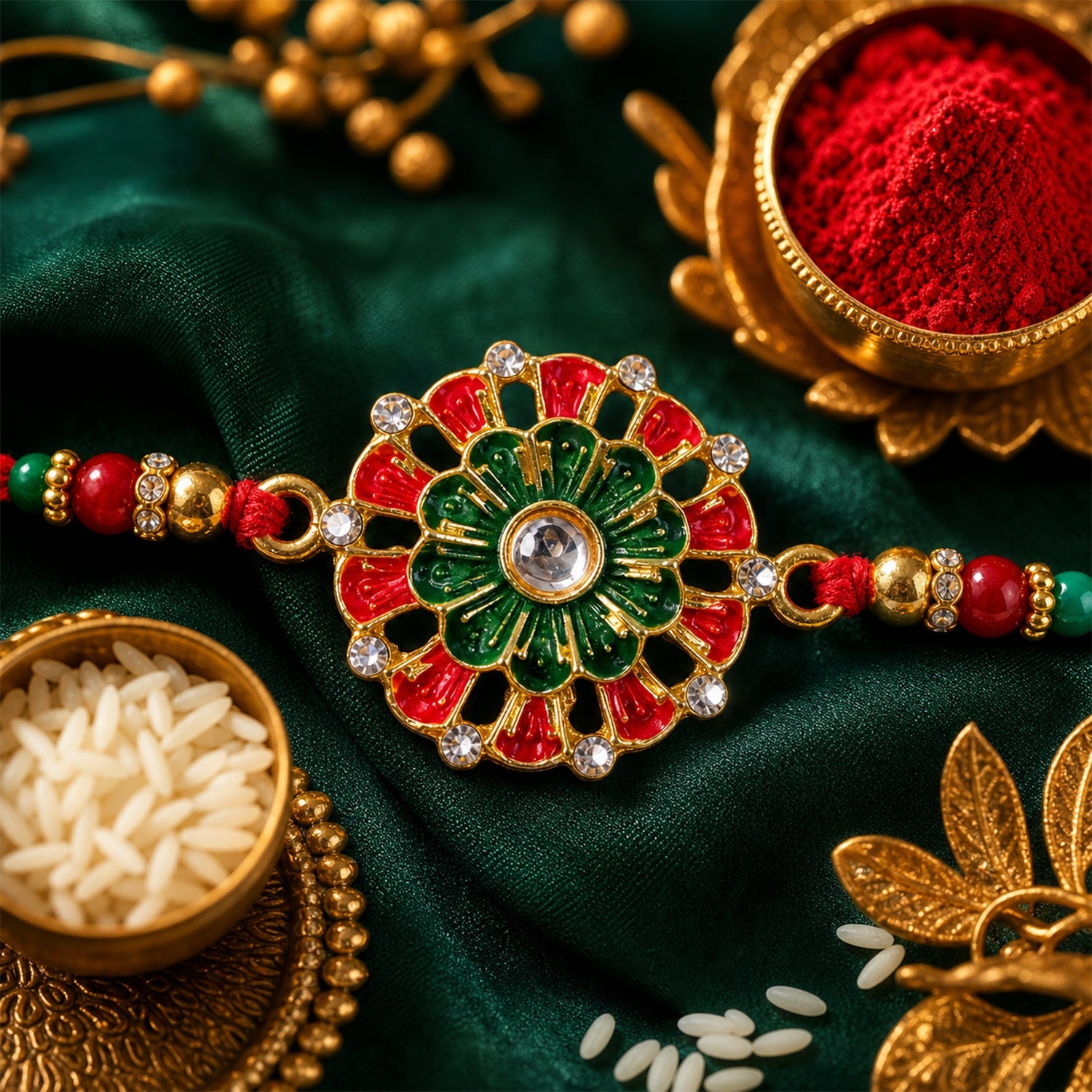Traditional Rakhi Floral Centerpiece Red Green Beads (5pcs)