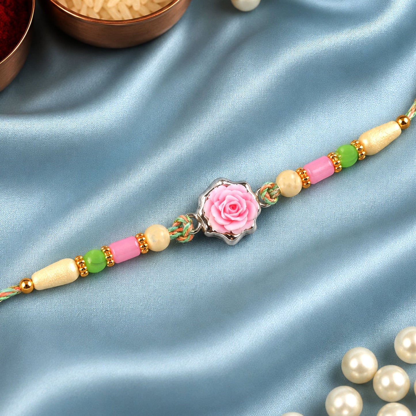Rose Flower Charm Rakhi Designer Beaded for Brother (5pcs)