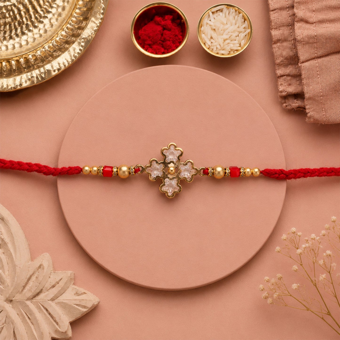 Pearl White Clover Designer Beaded Rakhi for Brother with Gold Accents