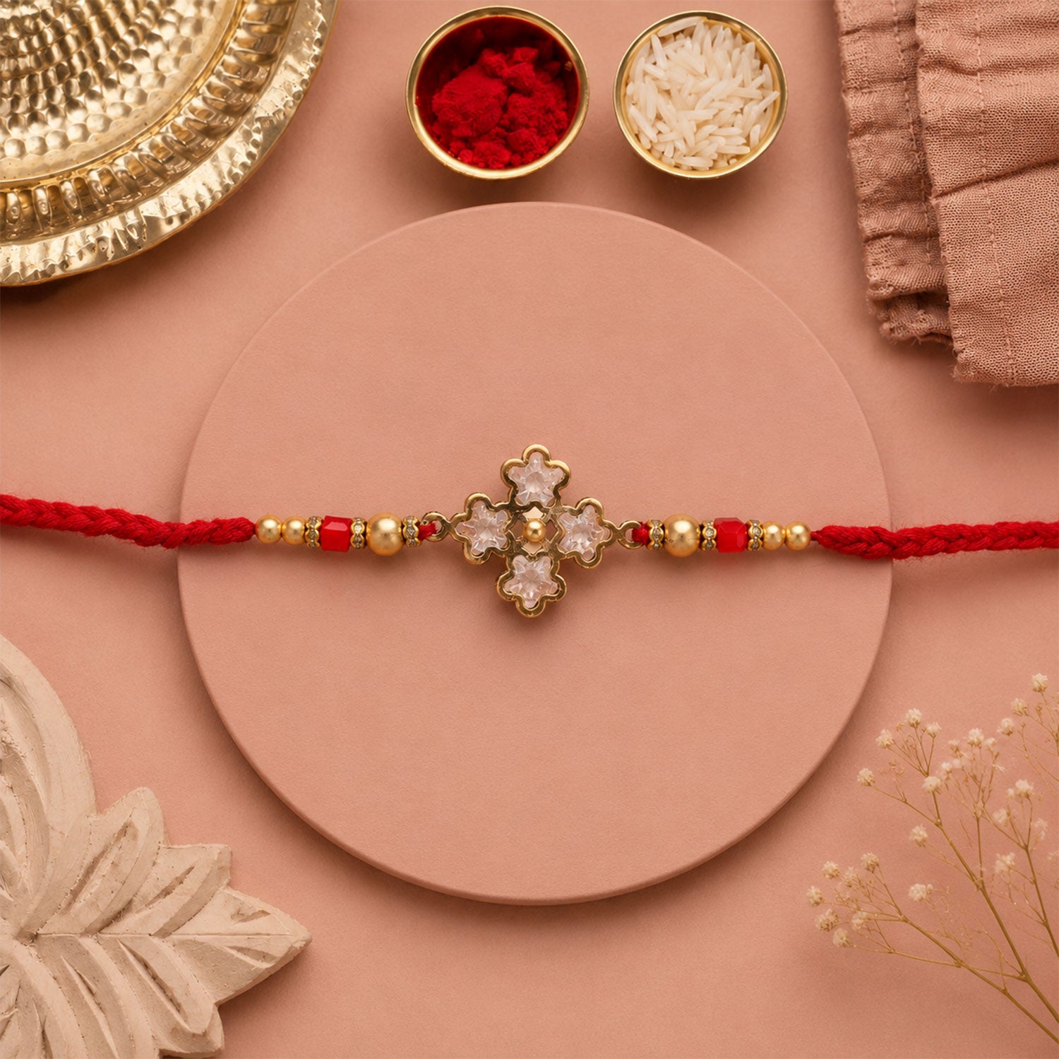 Pearl White Clover Designer Beaded Rakhi for Brother with Gold Accents