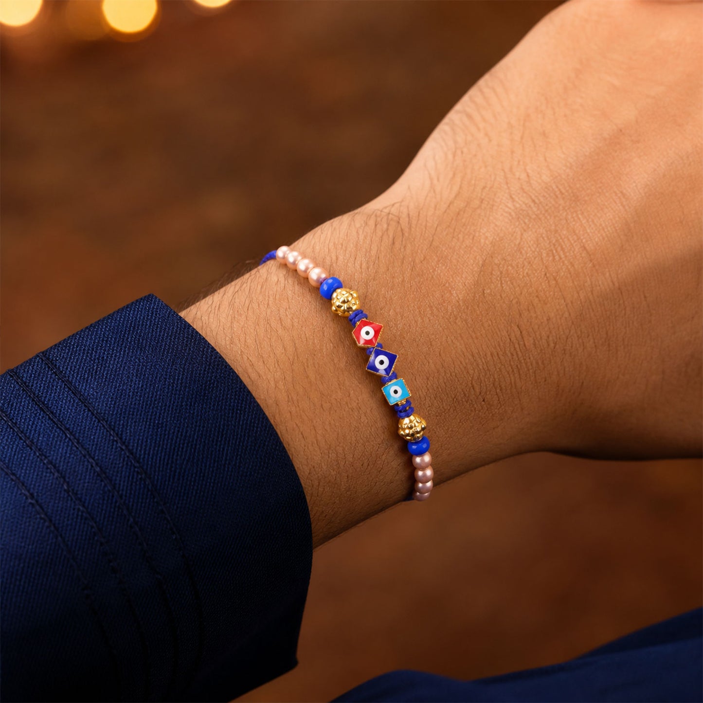 Triple Square Nazar Evil Eye Pearl Beads Designer Rakhi