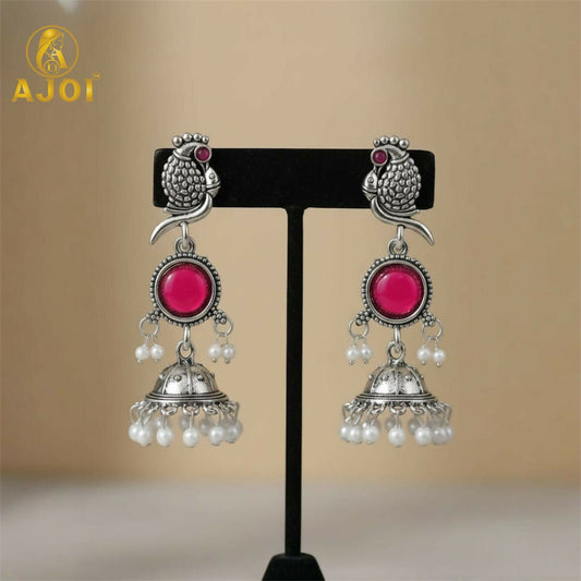 Antique Silver Peacock Jhumka Earrings with Pink Stone & Pearl Drops – Traditional Ethnic Dangle Earrings