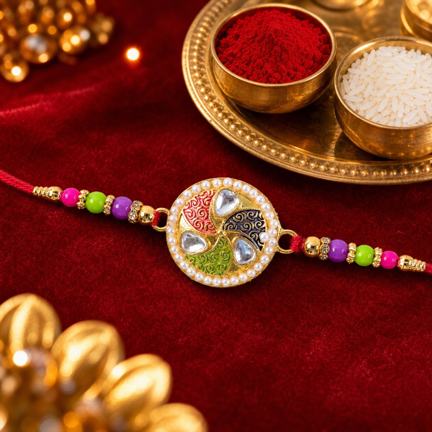 Kundan Meenakari Rakhi Pearl Border Multicolor Beads (10pcs)