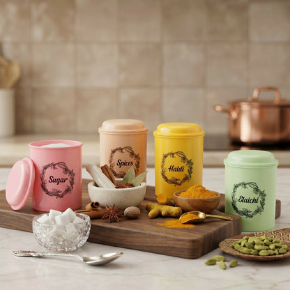Stacked pastel airtight kitchen containers on a shelf