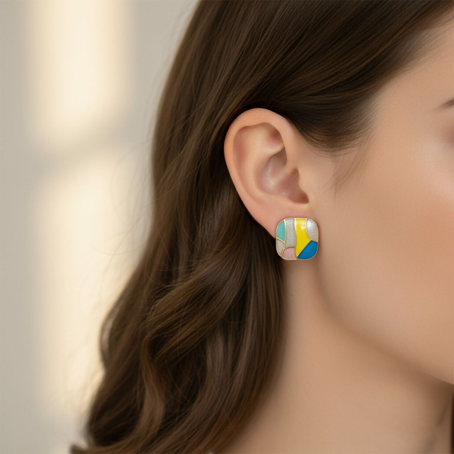 Korean geometric enamel stud earrings showcasing vibrant colors