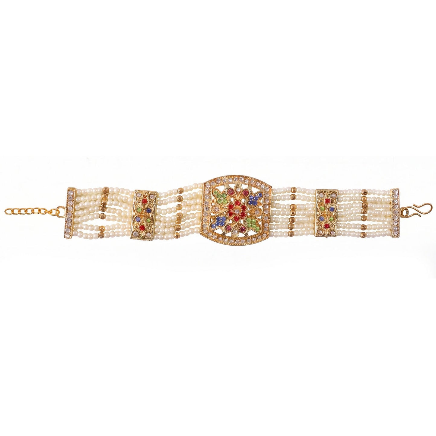 Side view of gold and pearl bracelet with stones