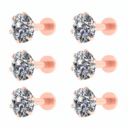 Rose gold Plated Round AD Flat Back Stud Earrings Set of 3 Pairs