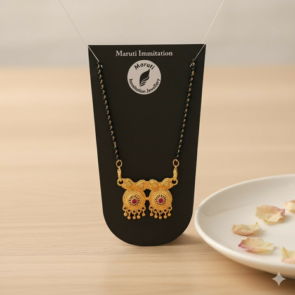 Elegant Gold-Tone Mangalsutra with Dual Pendant & Pink Stone Detailing