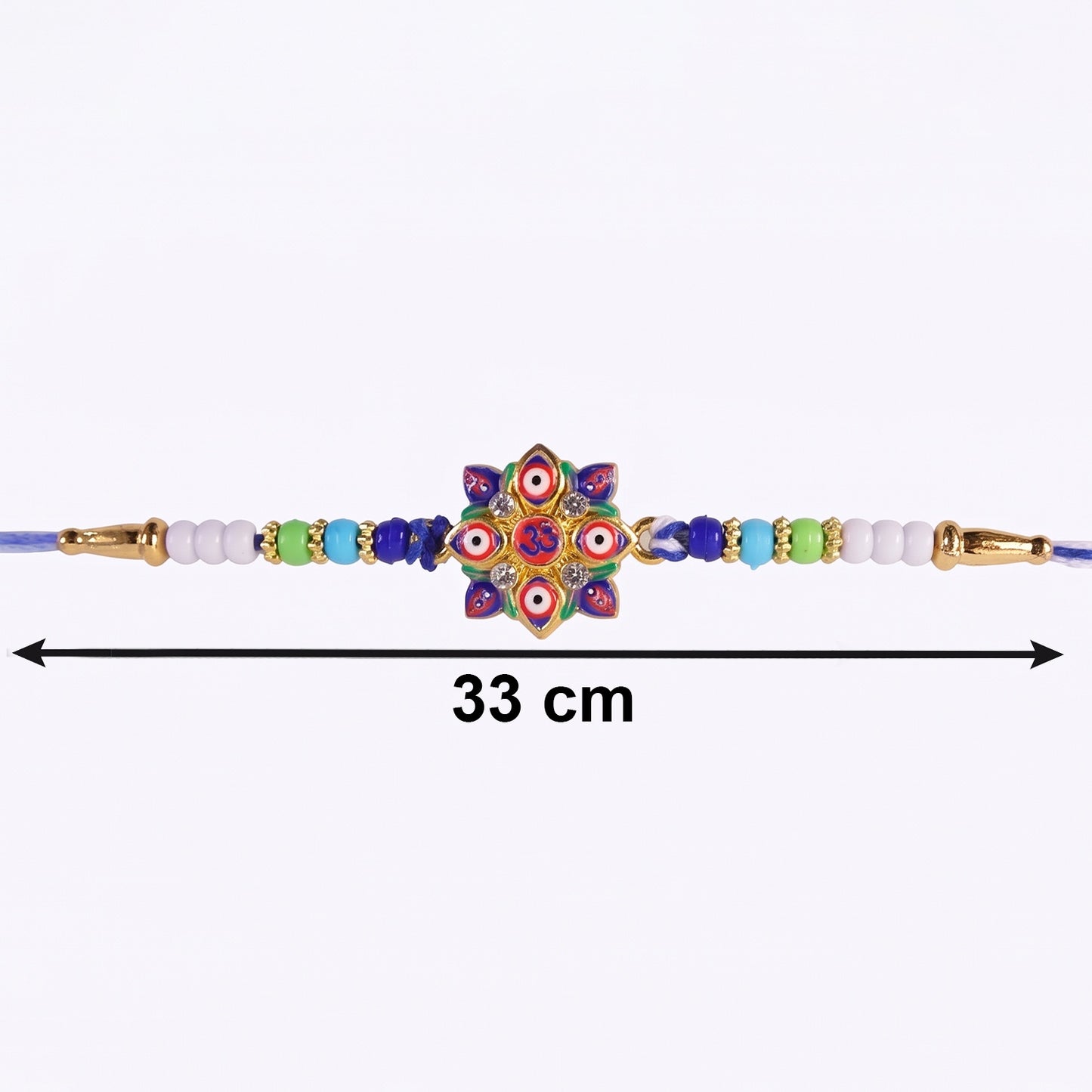 Decorative beads on Multi Evil Eye OM Star Designer Rakhi close-up