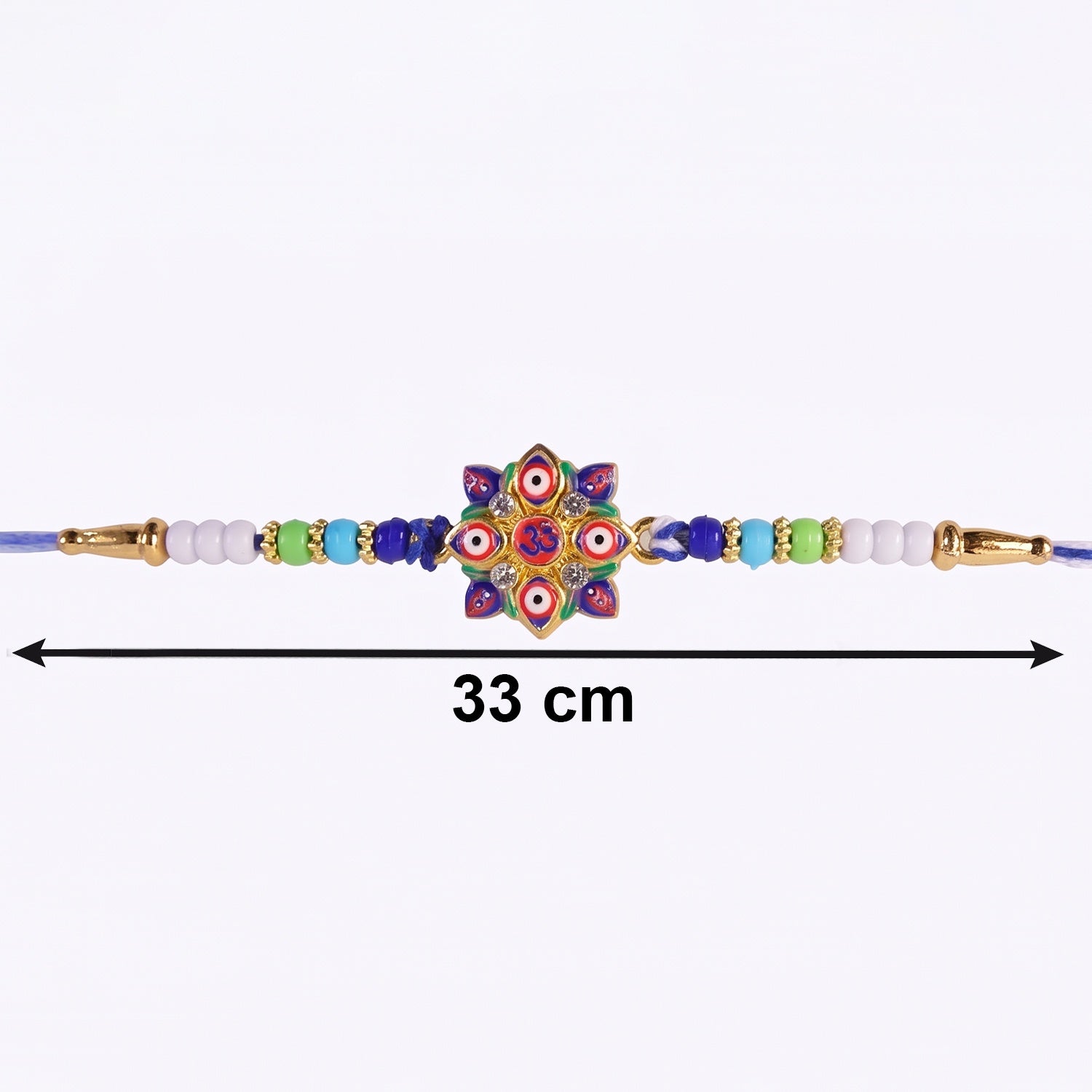 Decorative beads on Multi Evil Eye OM Star Designer Rakhi close-up