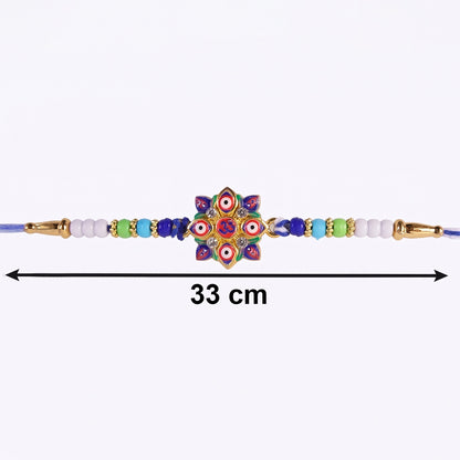 Decorative beads on Multi Evil Eye OM Star Designer Rakhi close-up
