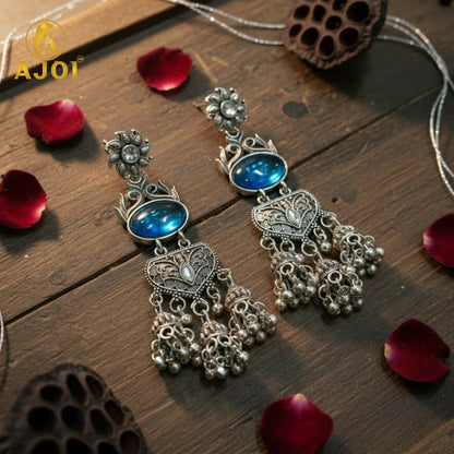 Handcrafted Oxidized Silver Turquoise Stone Jhumka Earrings with Intricate Filigree Work and Multi-Drop Danglers