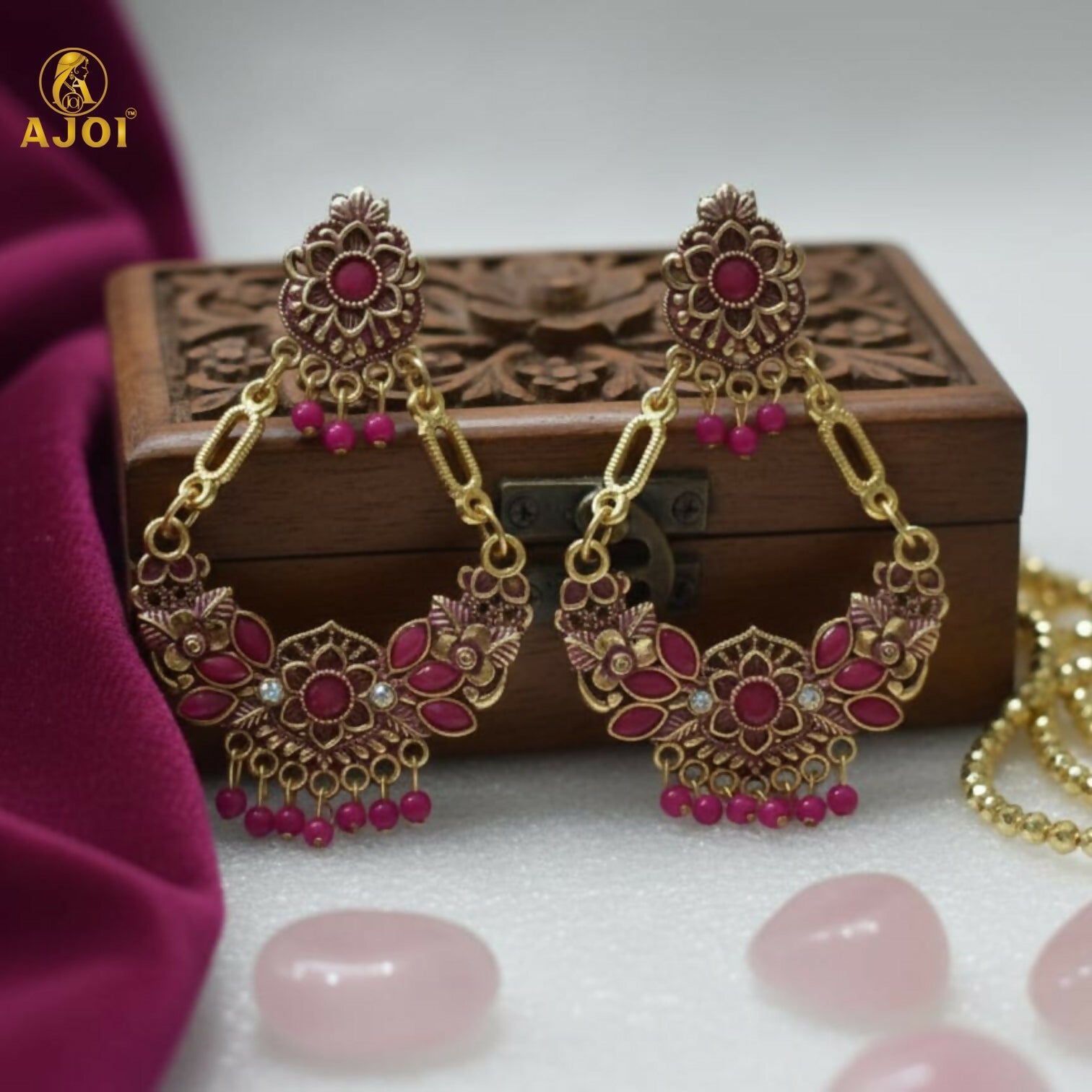 Antique Gold-Plated Pink Stone Floral Chandbali Earrings for Women