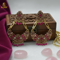 Antique Gold-Plated Pink Stone Floral Chandbali Earrings for Women