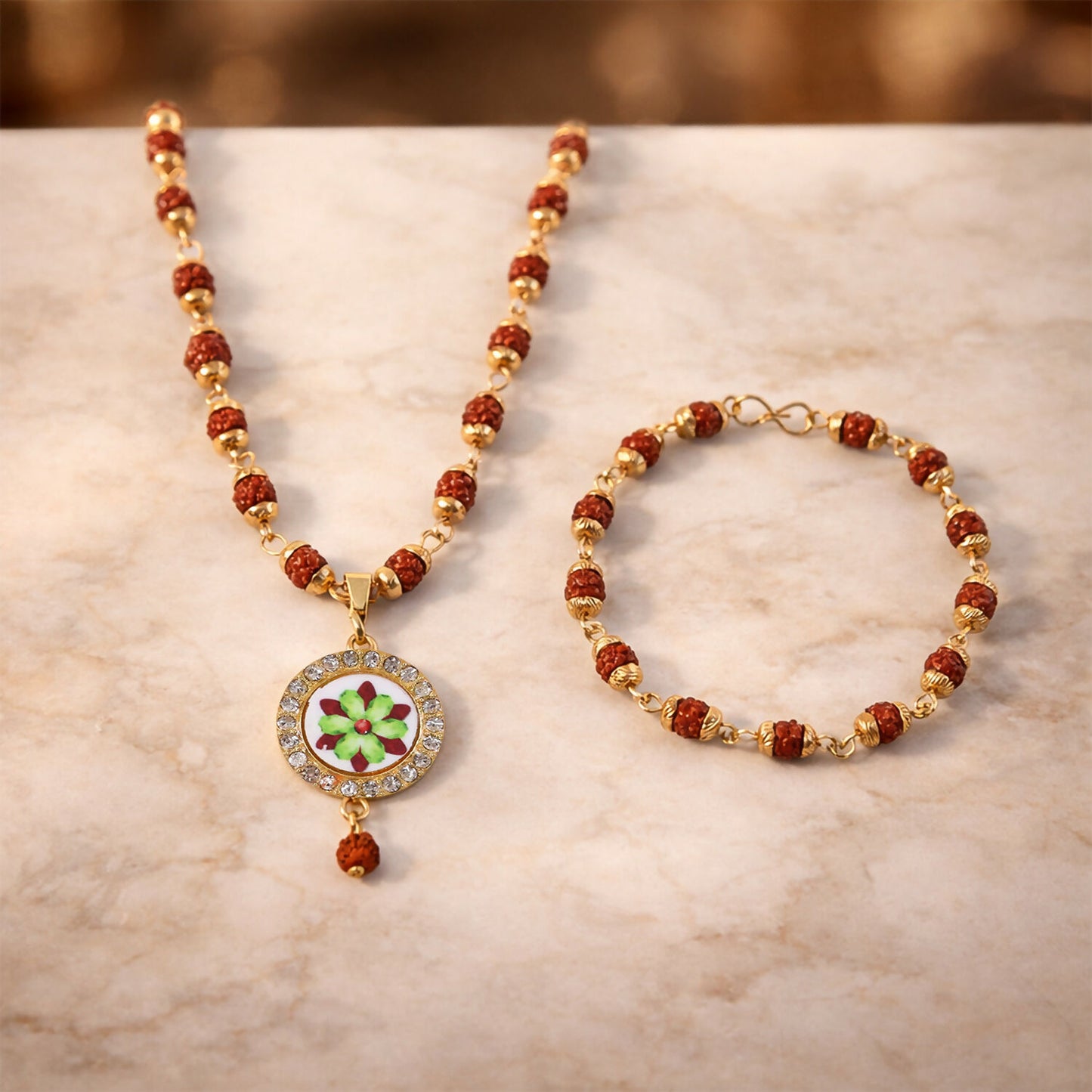 Rudraksha Necklace & Bracelet Set with Floral Pendant