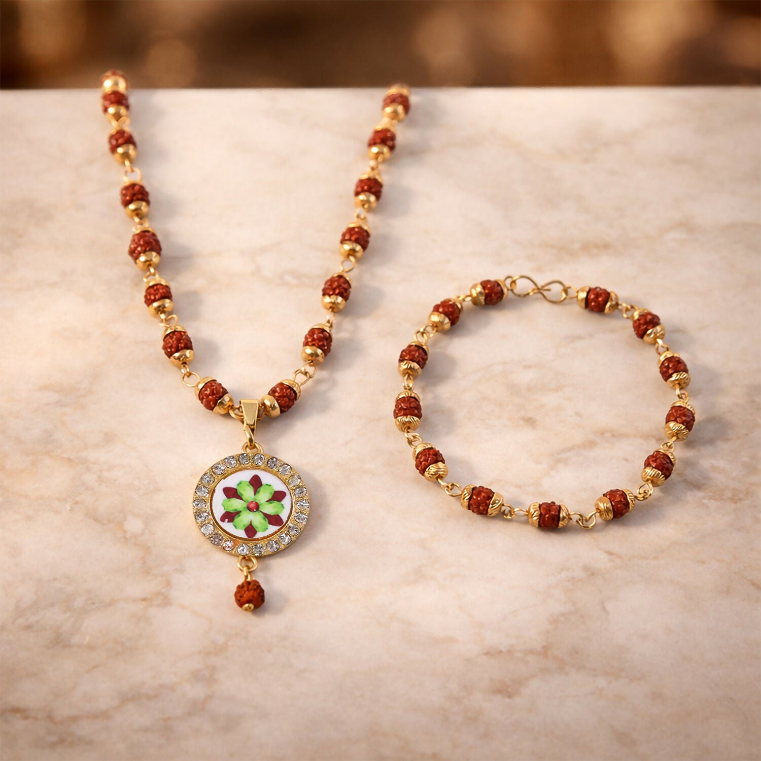 Rudraksha Necklace & Bracelet Set with Floral Pendant