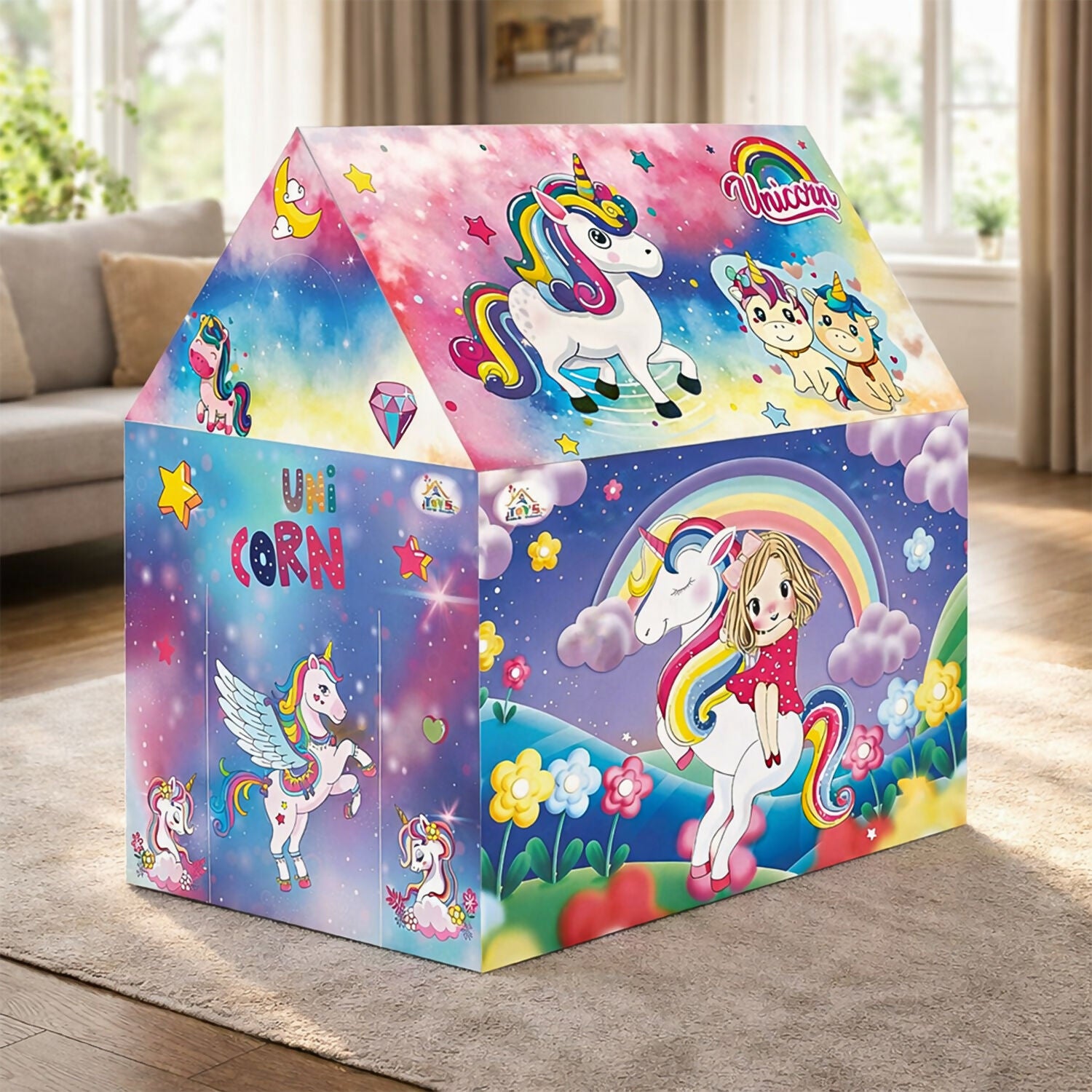 Unicorn Theme Foldable Kids Play Tent House with Colorful Fantasy Print for Indoor & Outdoor Play