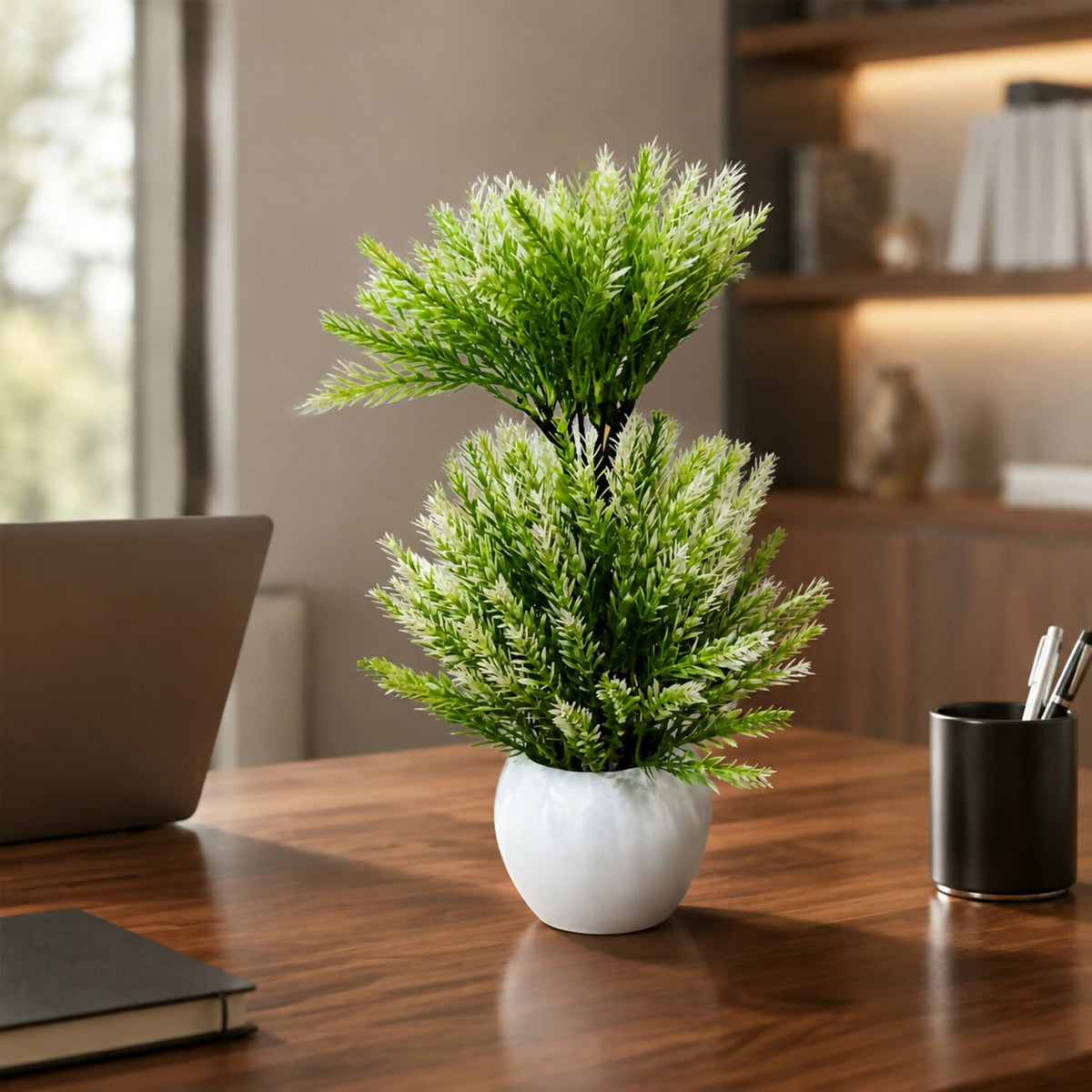Artificial Mini Pine Plant Decorative White Pot Home Office Table Centerpiece Decor
