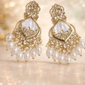 Gold Plated Kundan Chandbali Earrings with Pearl Drops for Women & Festive Wear
