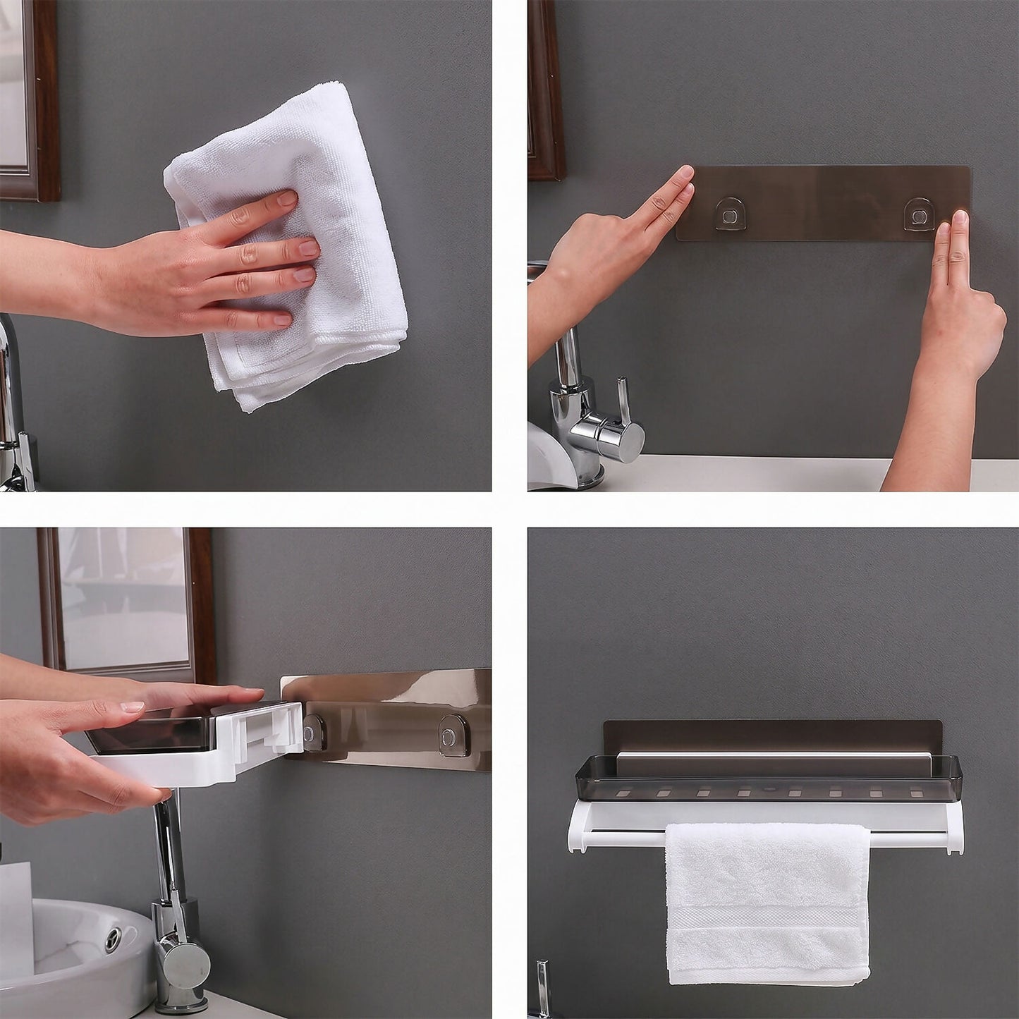 Close-up of towel hanging on integrated rack of bathroom shelf