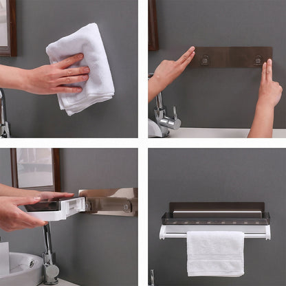 Close-up of towel hanging on integrated rack of bathroom shelf
