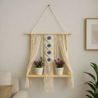 Macrame Wall Hanging Shelf with Evil Eye Decor for Home
