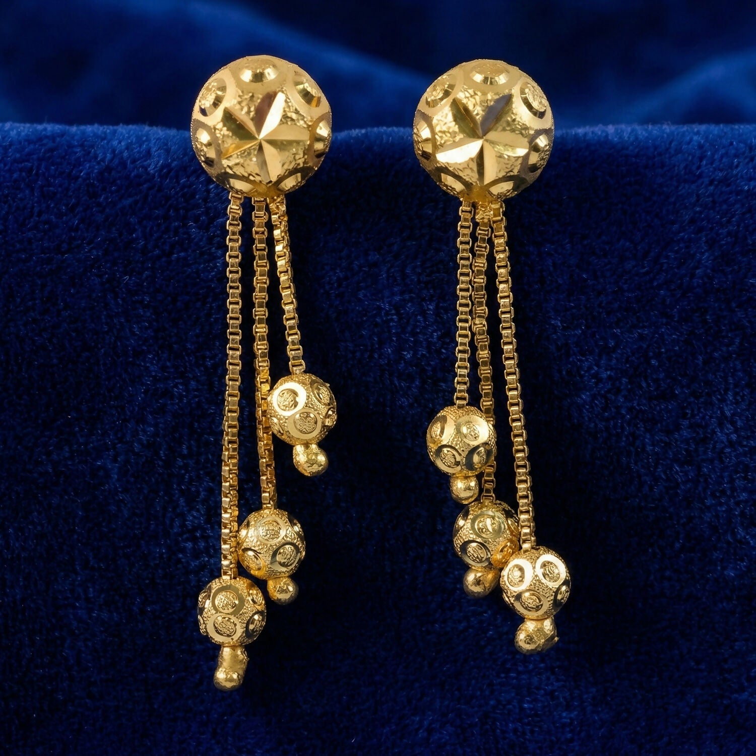 Heart Motif Designer Gold Earrings With Stone Line Work And Elegant Hanging Drop