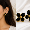 Black Floral Enamel Stud Earrings – Anti Tarnish & Light for Daily Wear