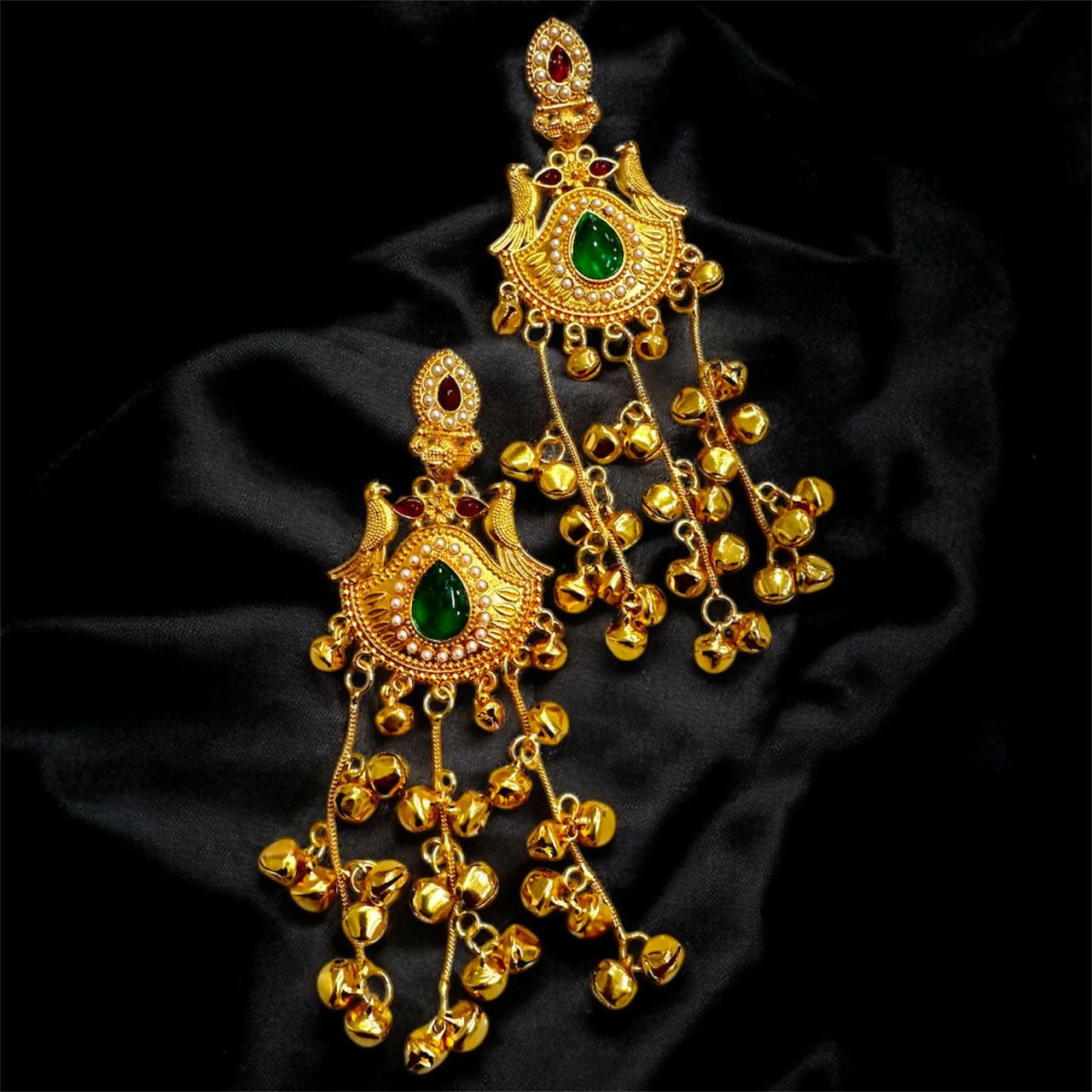 Traditional Kashmiri Gold-Plated Jhumka Earrings with Green Stone & Ghungroo Drops
