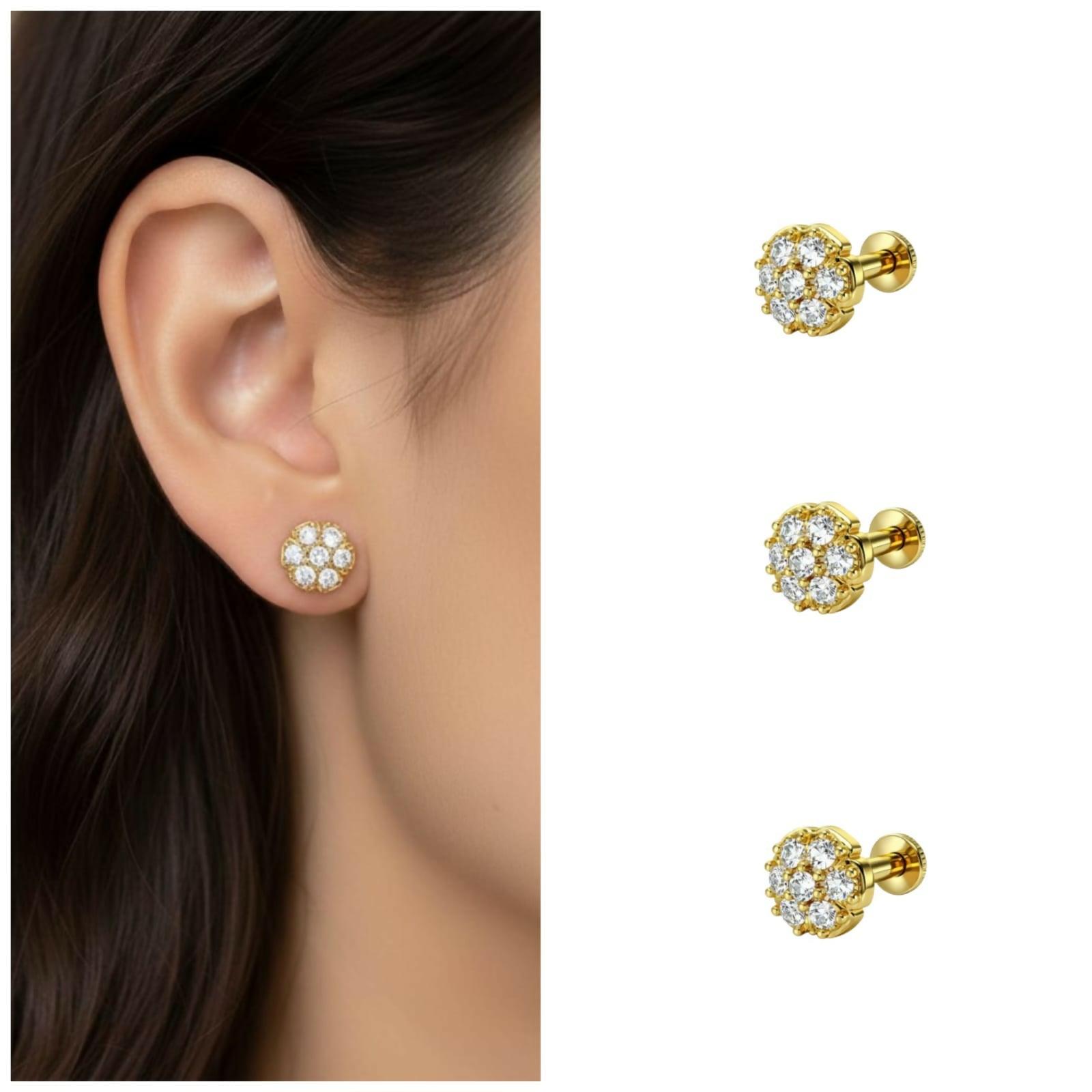Close-up of gold plated cluster flower stud earrings showing sparkling stones and flat back