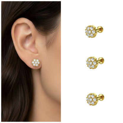Close-up of gold plated cluster flower stud earrings showing sparkling stones and flat back