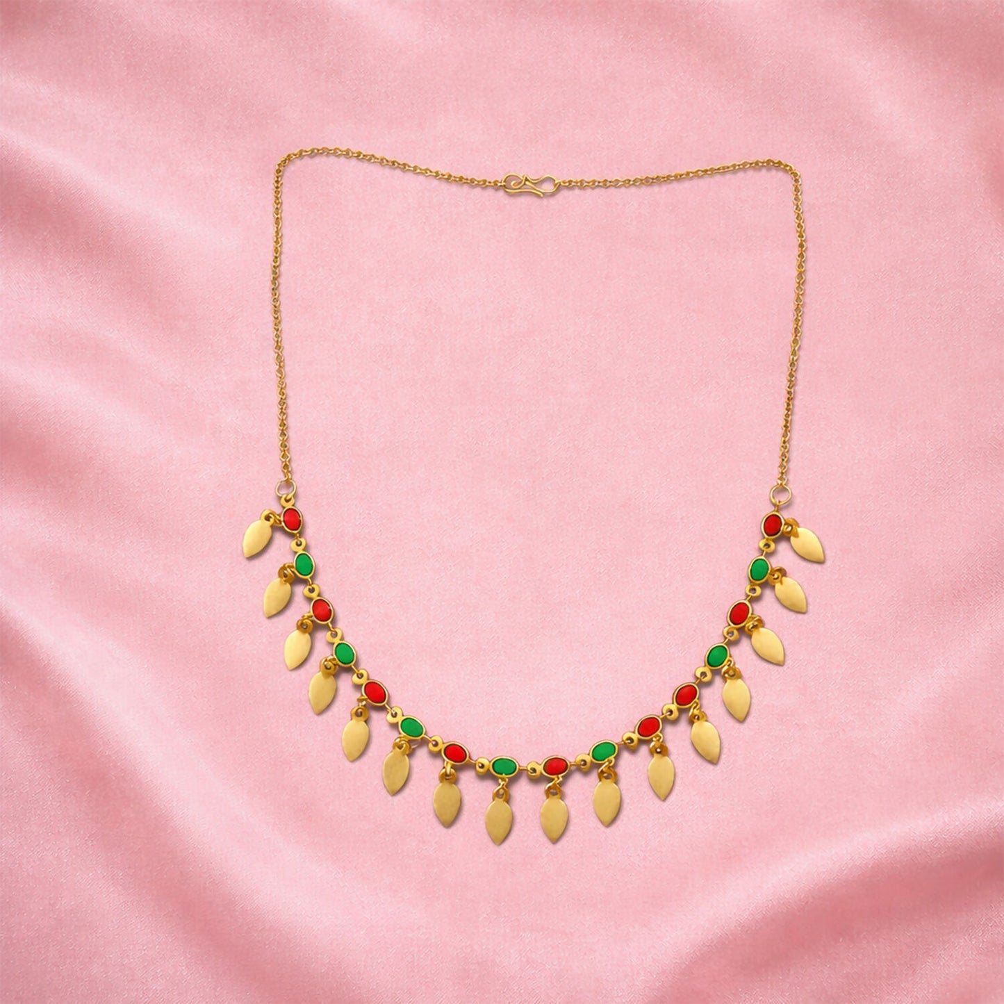Gold Tone Leaf Charm Necklace with Multicolor Stones