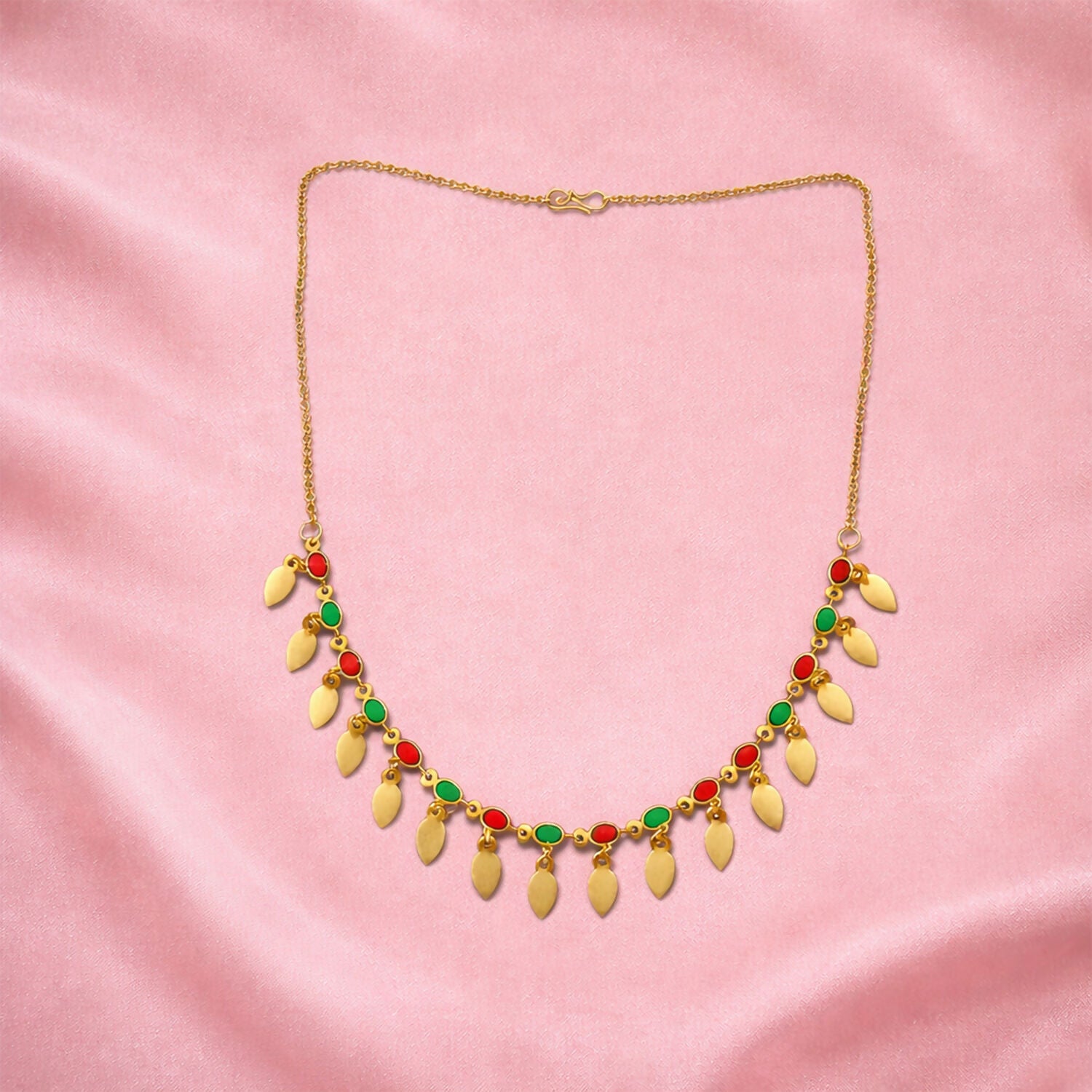 Gold Tone Leaf Charm Necklace with Multicolor Stones