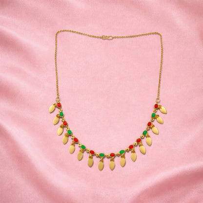 Gold Tone Leaf Charm Necklace with Multicolor Stones