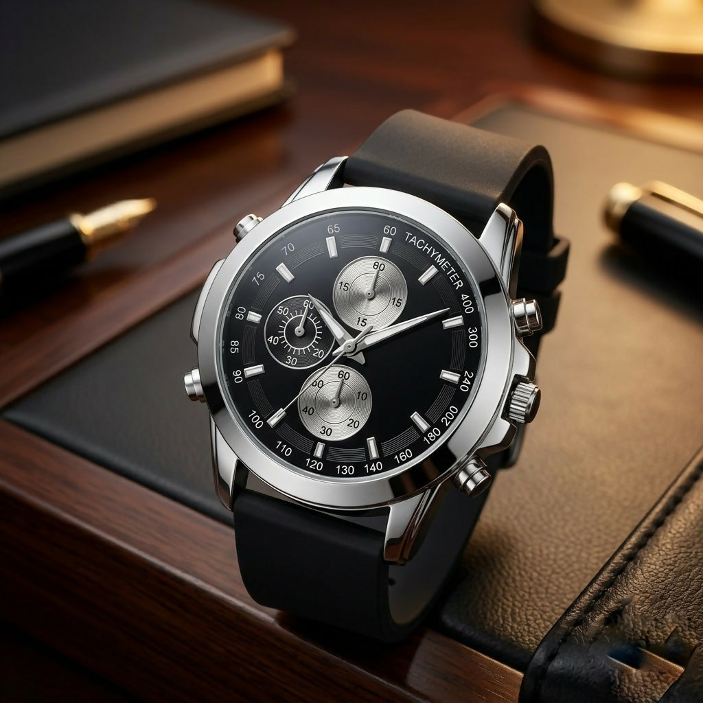Detailed view of a silver watch with a black dial and black strap, positioned on a dark leather surface.