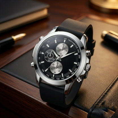 Detailed view of a silver watch with a black dial and black strap, positioned on a dark leather surface.