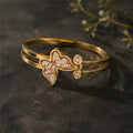 Gold Tone Printed Butterfly Open Bangle Bracelet with Crystal Accents for Women