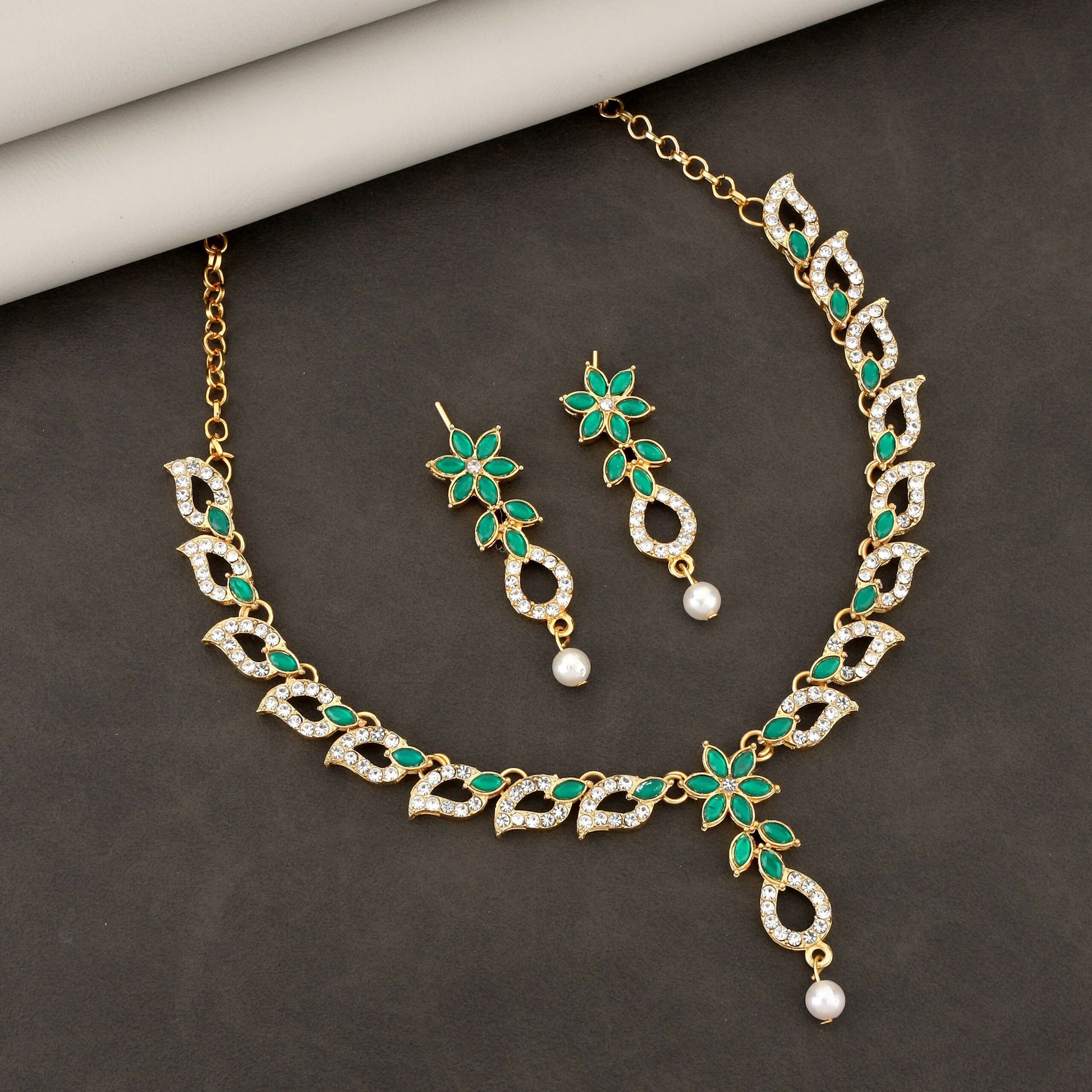 Emerald Green & Crystal Leaf Motif Necklace Set with Pearl Drop