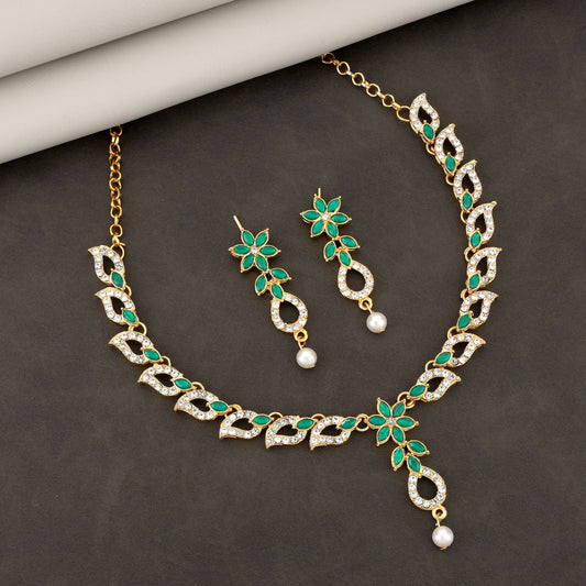 Emerald Green & Crystal Leaf Motif Necklace Set with Pearl Drop
