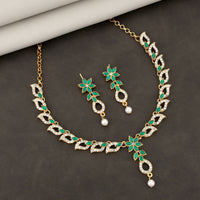 Emerald Green & Crystal Leaf Motif Necklace Set with Pearl Drop