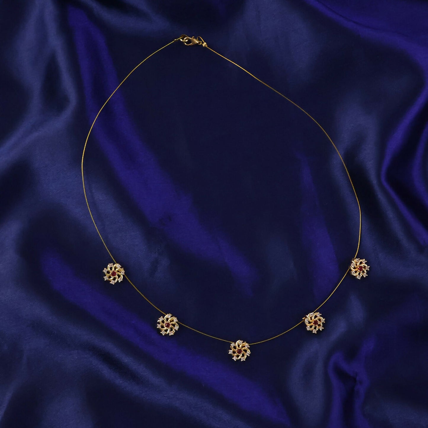 Ruby Floral Station Necklace with Diamond Detailing and Elegant Gold Chain Design